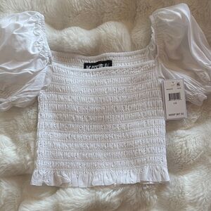 Katie J NYC White Smocked Puff-Sleeve Crop Top